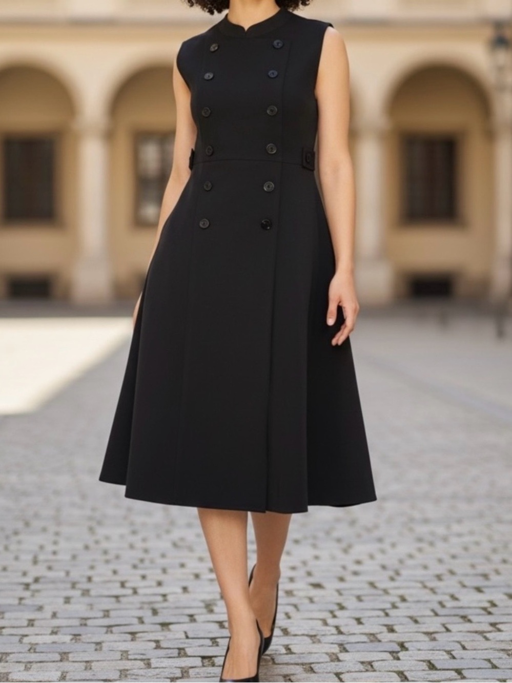 Gracia Black Double-Breasted Sleeveless Midi Dress Size S NWT